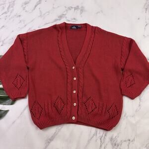 OBR Womens Vintage 90s Chunky Cardigan Sweater Size L Red Cable Knit Cottagecore